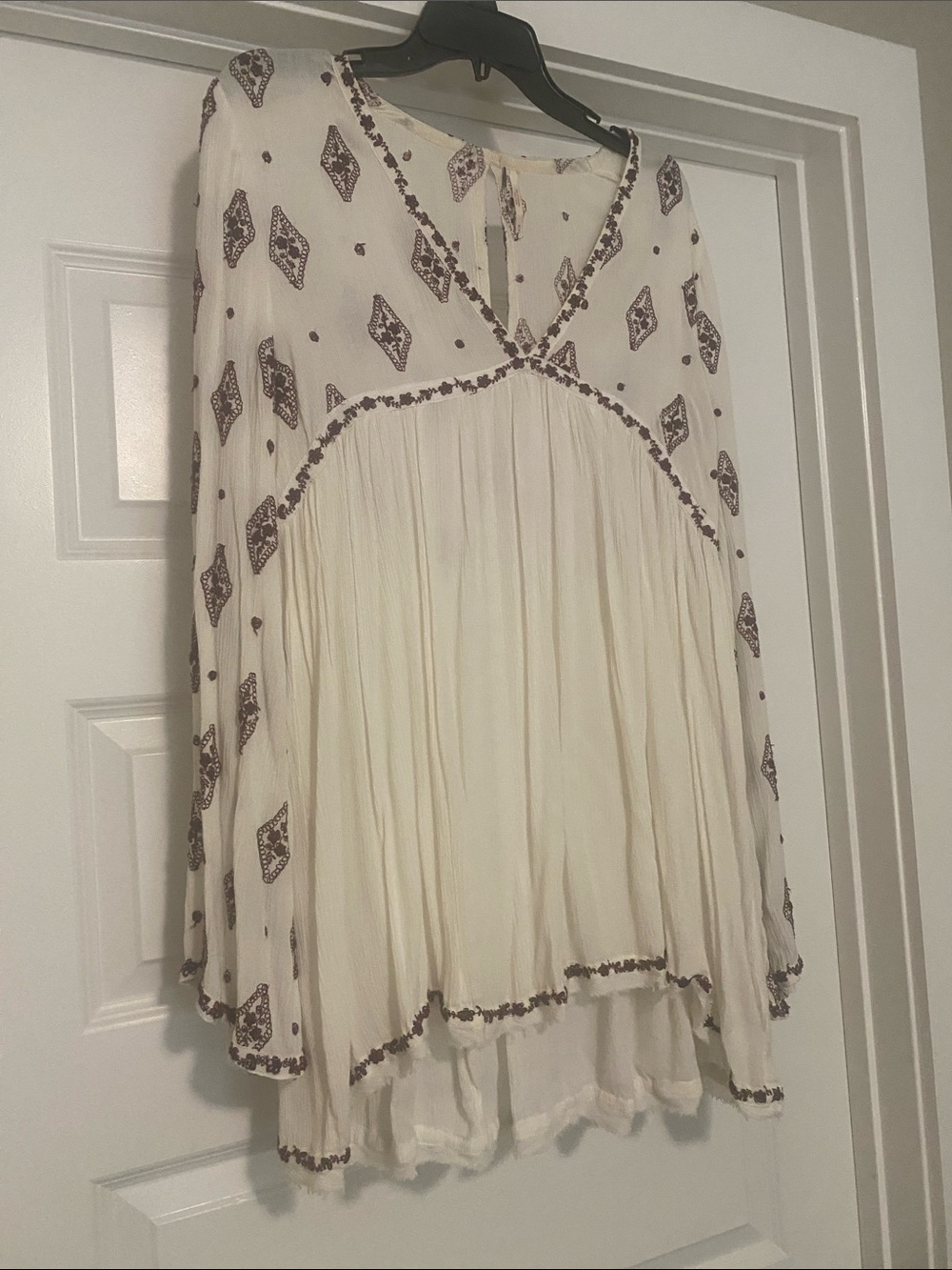 Free People Cream Peasant Tunic with Brown Embroidery